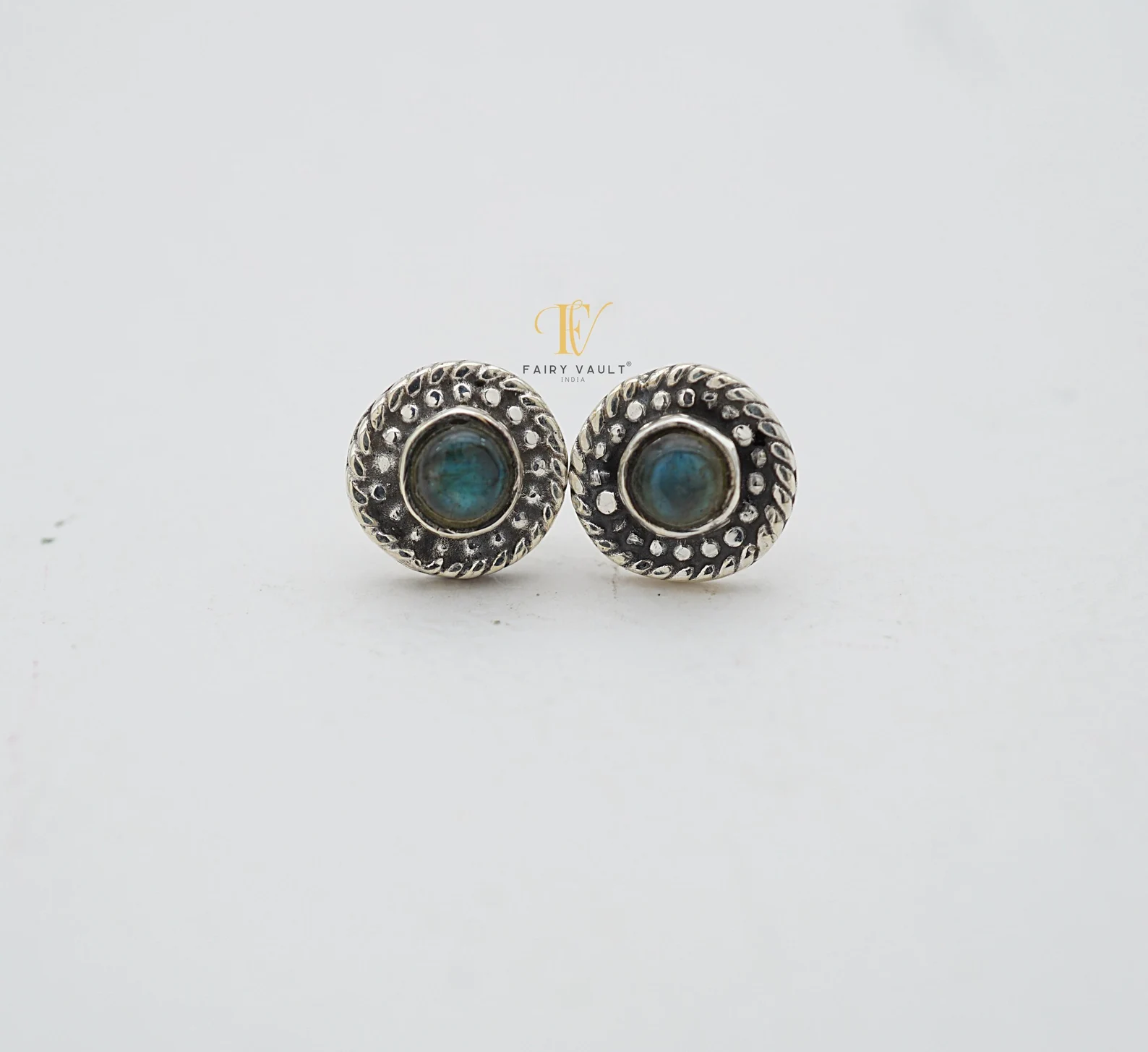 Labradorite Round Granule Halo Stud Earrings