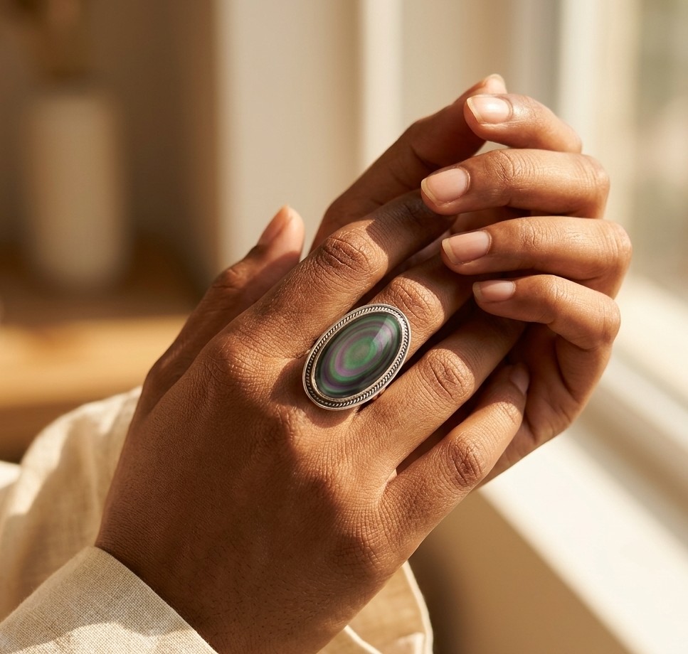 Adjustable Rainbow Obsidian Ring