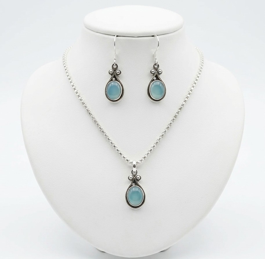 Blue Chalcedony Pendant and Earring Set
