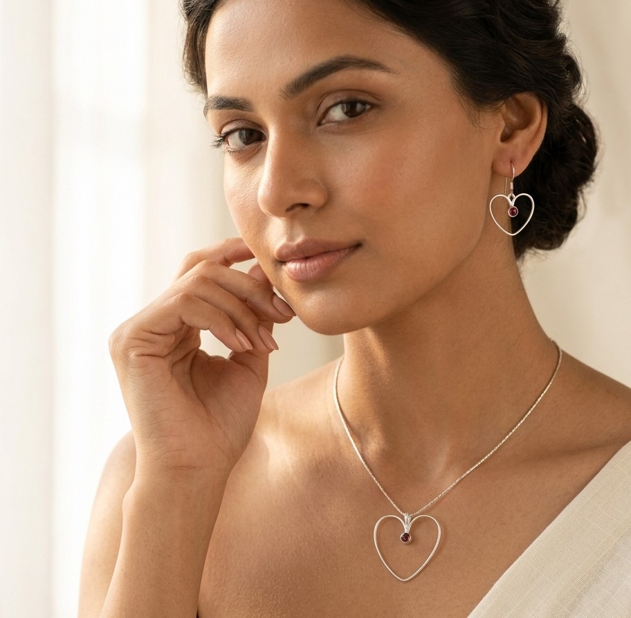 Garnet Heart Pendant and Earring Set