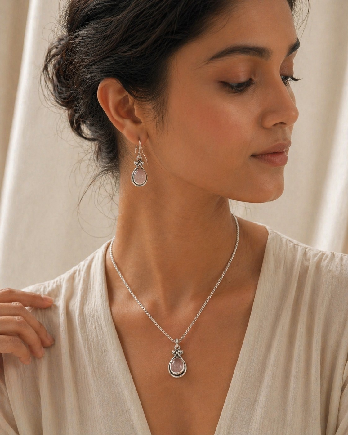 Rose Quartz Pendant and Earring Set