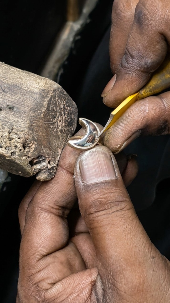 Silver jewellery being crafted by hand